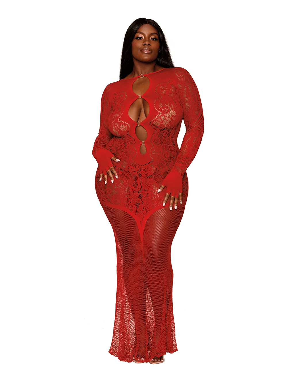 Floral Lace Keyhole Cut Out Long Sleeve Gown