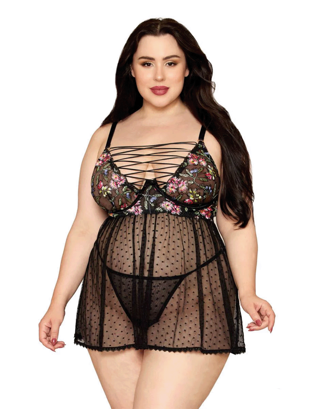 Floral Embroidery Lace Up Top Pin Dot Mesh Babydoll