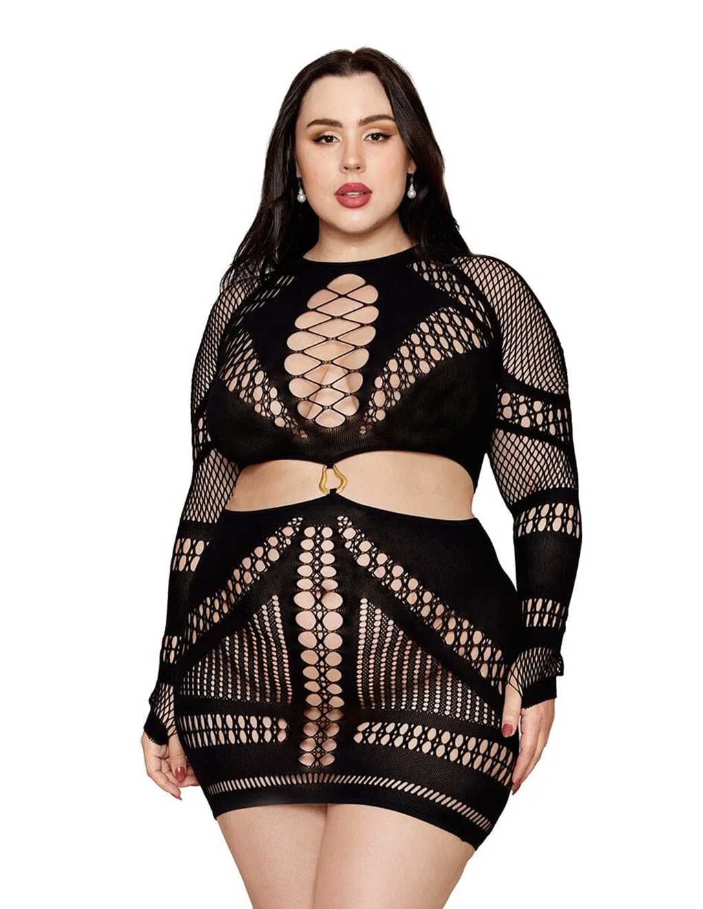 Seamless Opaque Net Long Sleeve Cut Out Chemise