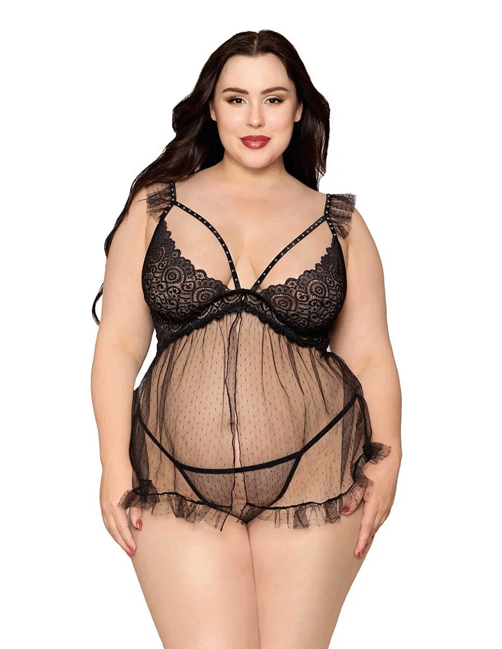 Scalloped Lace Dot Mesh Flayaway Babydoll