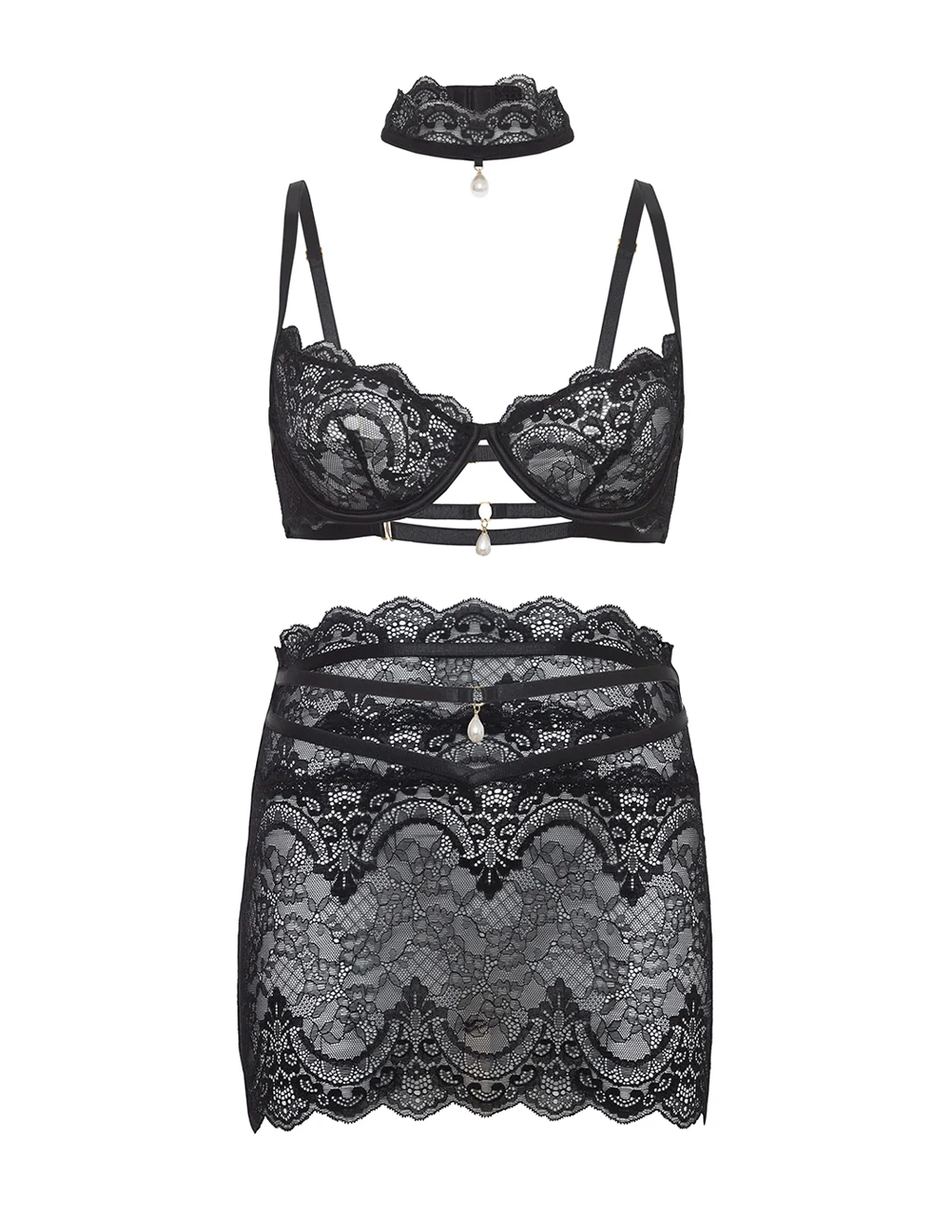 Perla Underwire Lace Bra & Skirtini w. Collar and Pearl Details