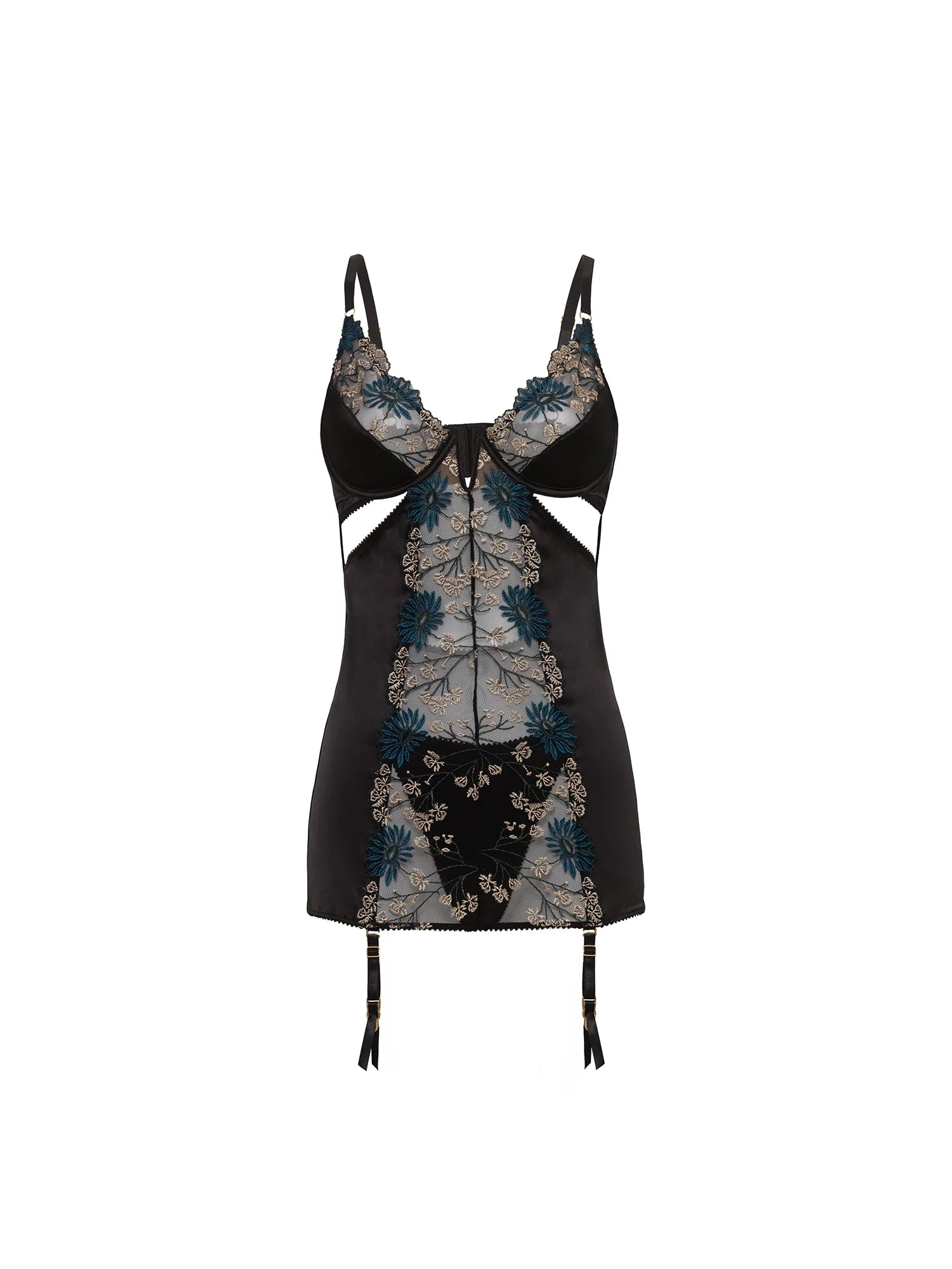 Alani Satin & Embroidered Lace Cut Out Chemise w. Garters