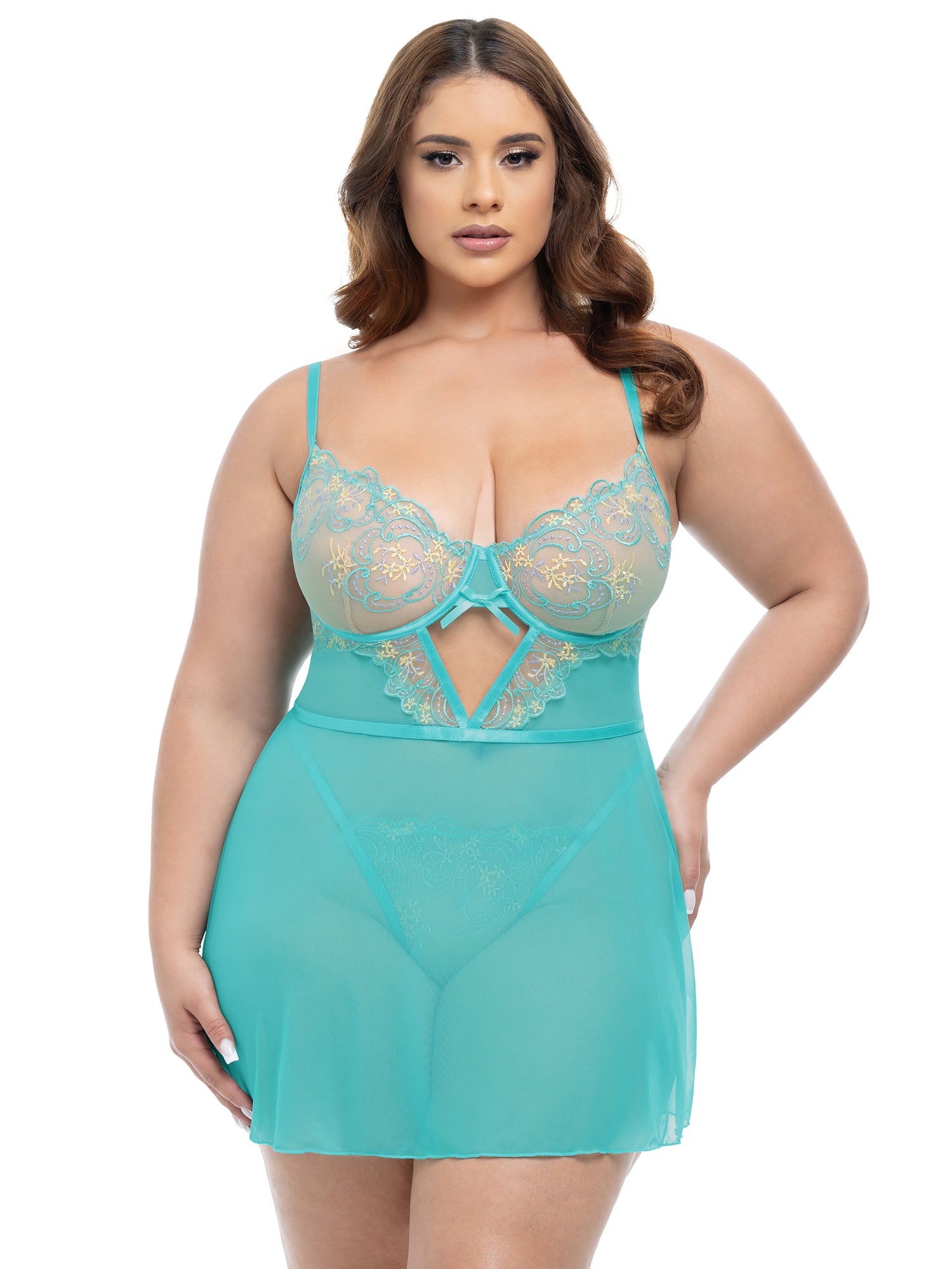 Krislyn Underwire Embroidered Mesh Babydoll
