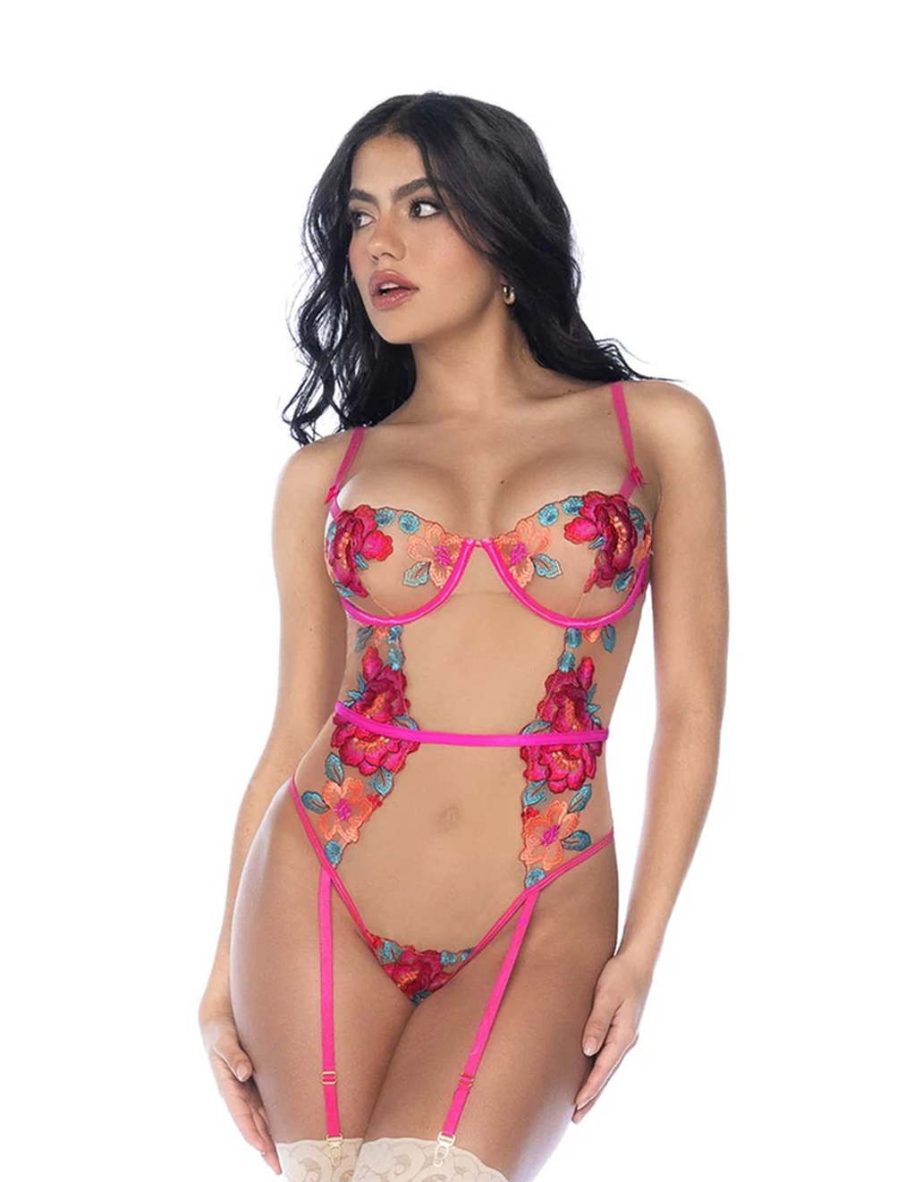Multicolor Floral Embroidered Mesh Lace-Up Teddy with Garters