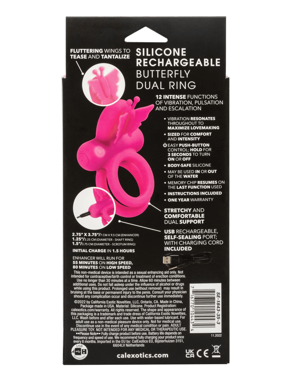 Silicone Rechargeable Butterfly Dual Ring - Pink - Box Back