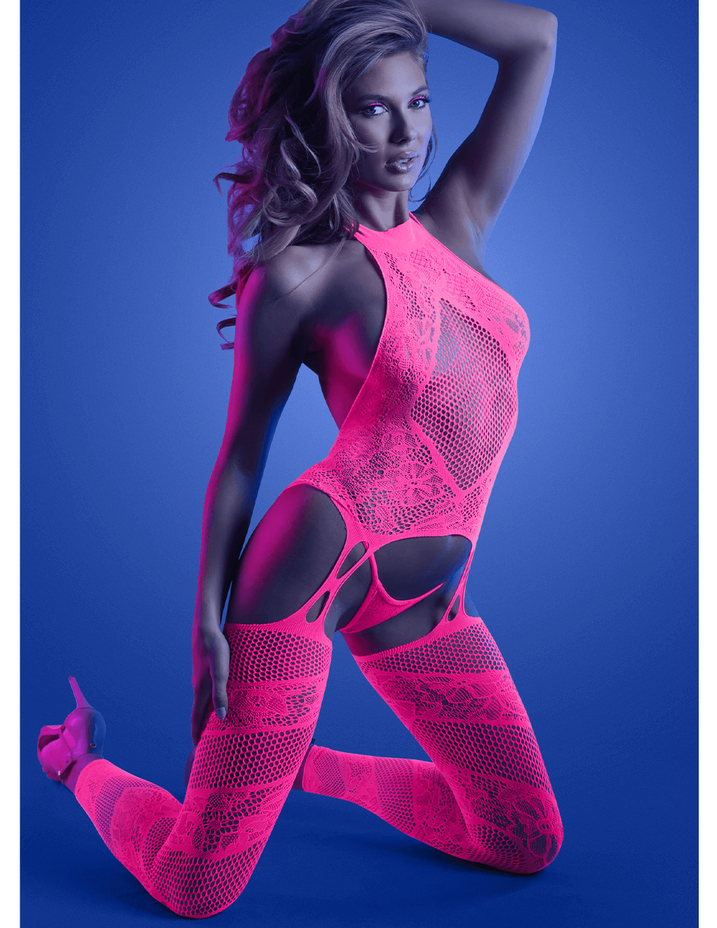 Captivating High Neck Halter Bodystocking Set - Neon Pink - Main