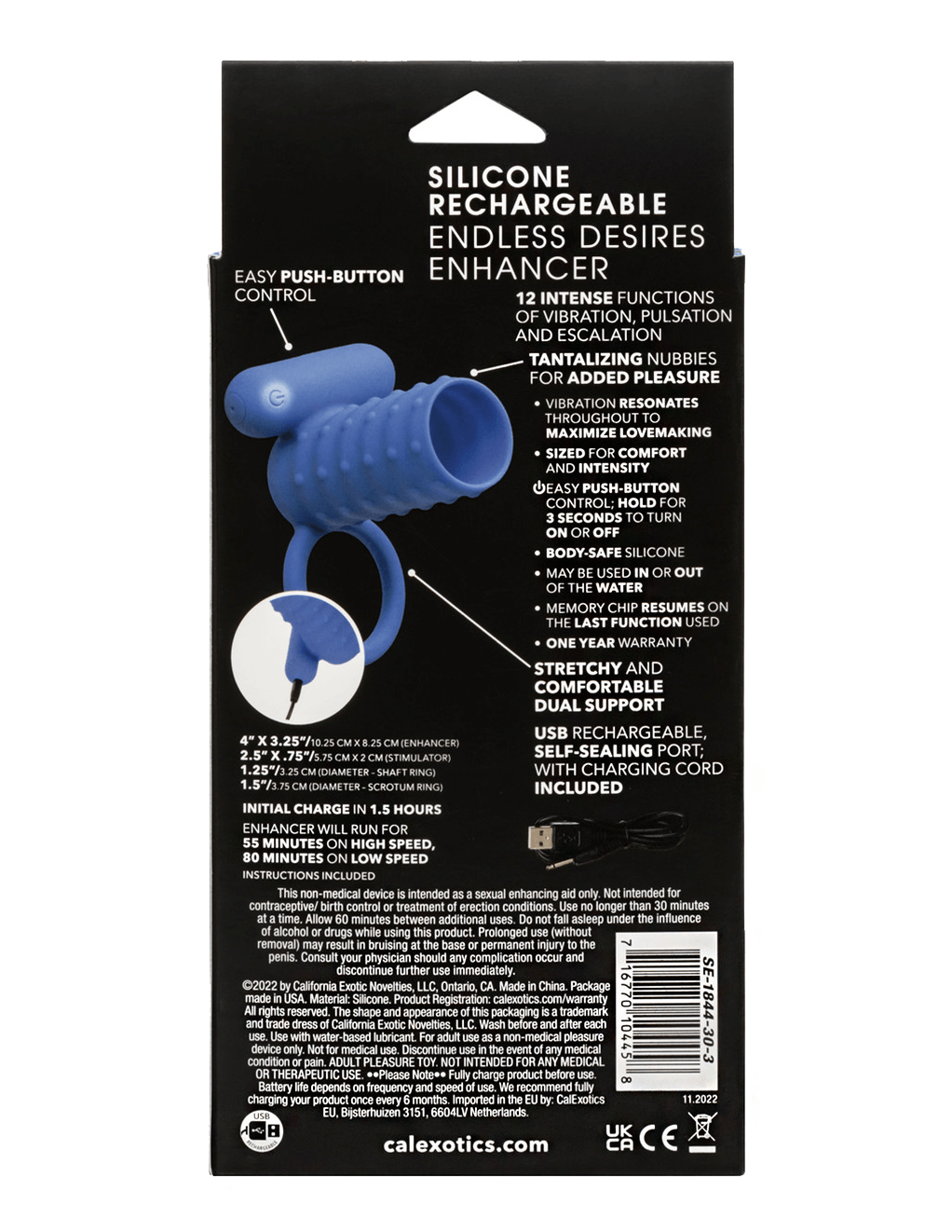 Silicone Rechargeable Endless Desires Enhancer - Blue - Box - Back