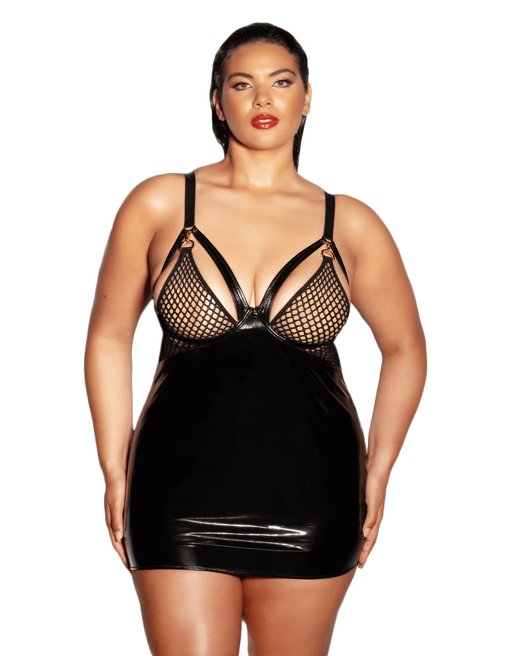 Excitement Fishnet & Vinyl Chemise - Black - Main Curve