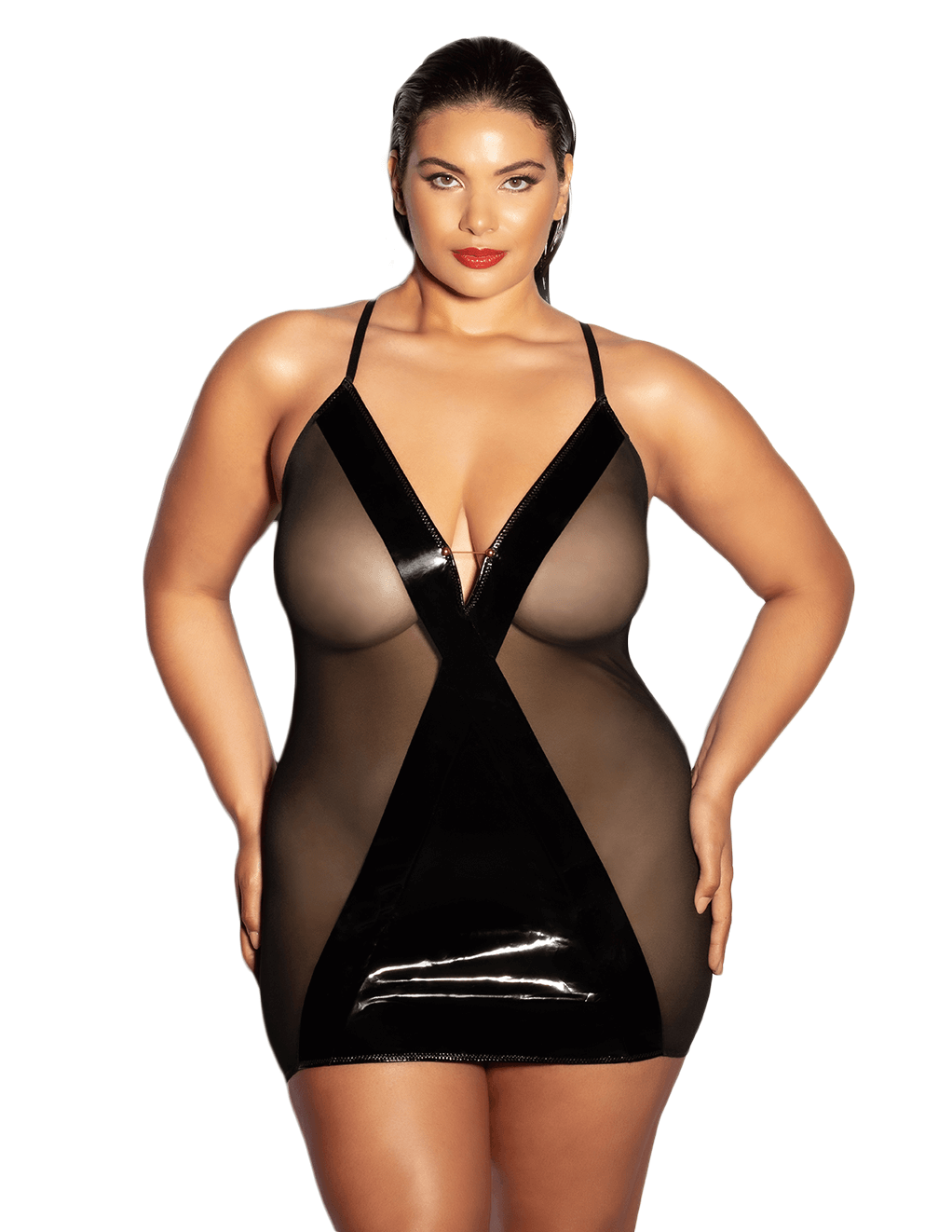 Finesse Vinyl & Mesh Chemise Set - Black - Main Curve