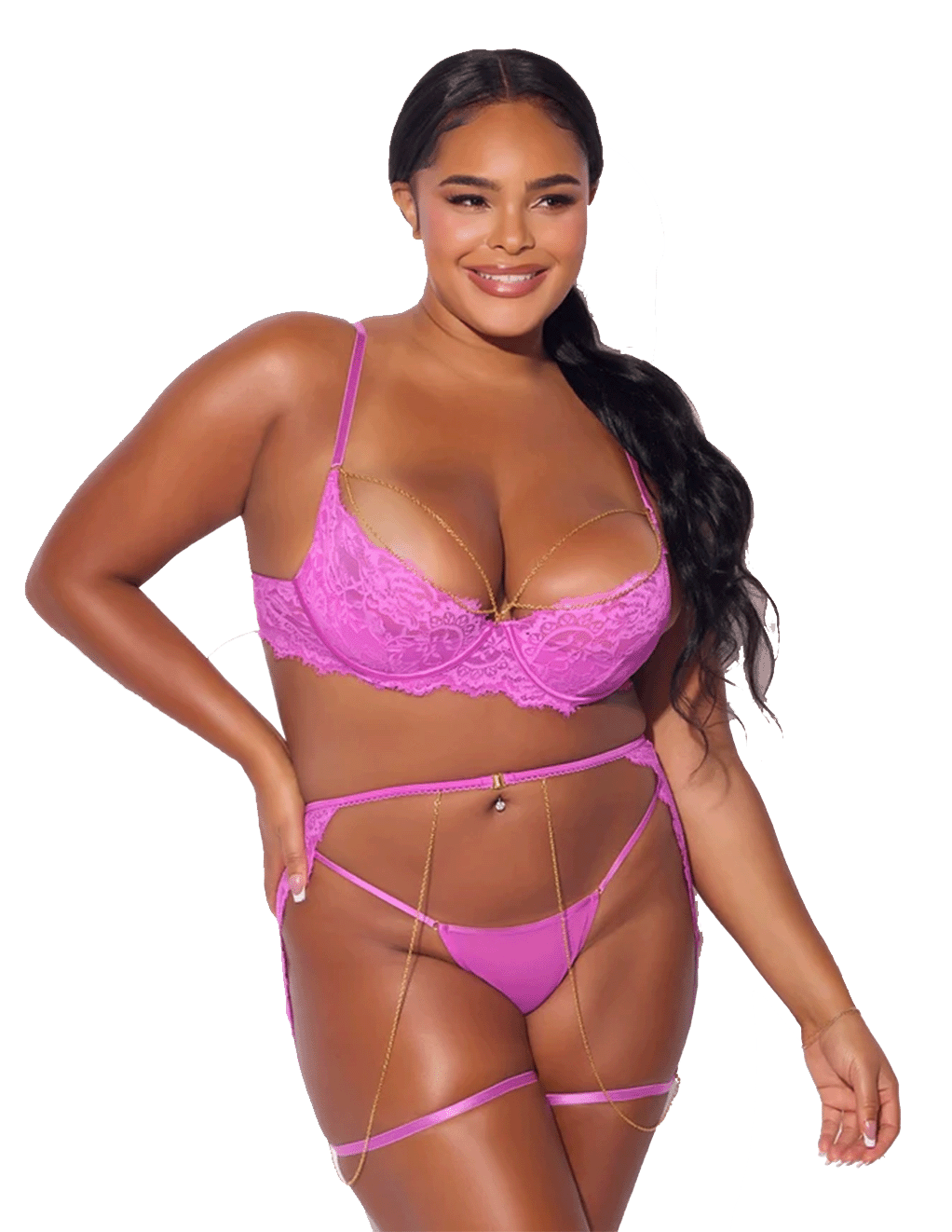 Reanna Lace Chain Bra, Garter & G-String Set