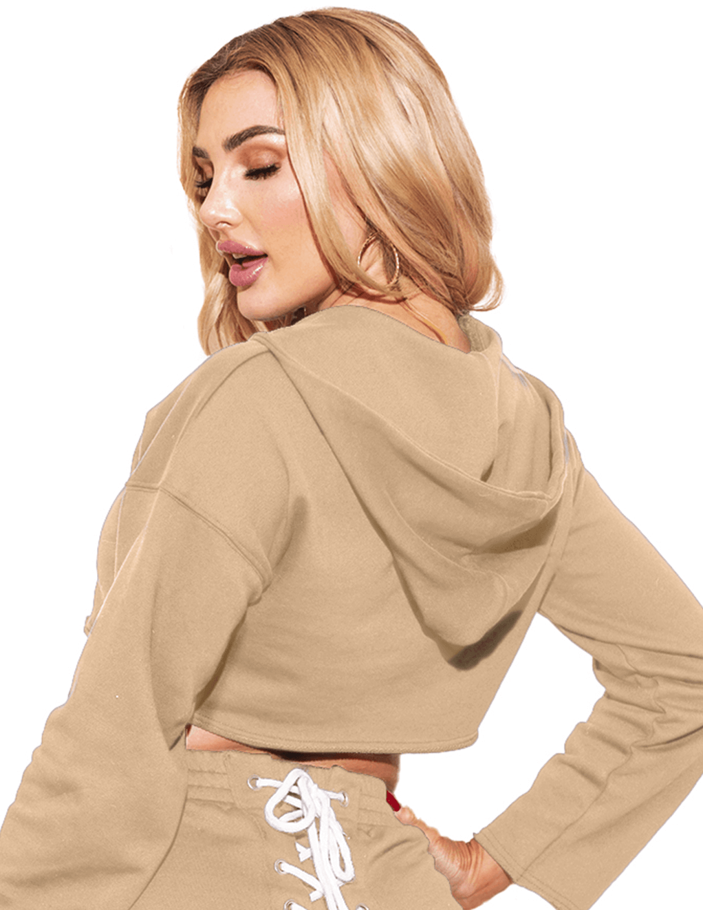 HUSTLER® Micro Cropped Zip Up Hoodie - Khaki - Back