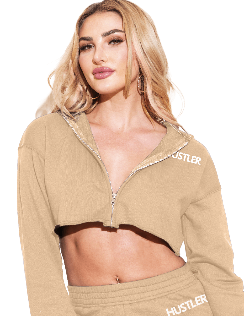 HUSTLER® Micro Cropped Zip Up Hoodie - Khaki - Main