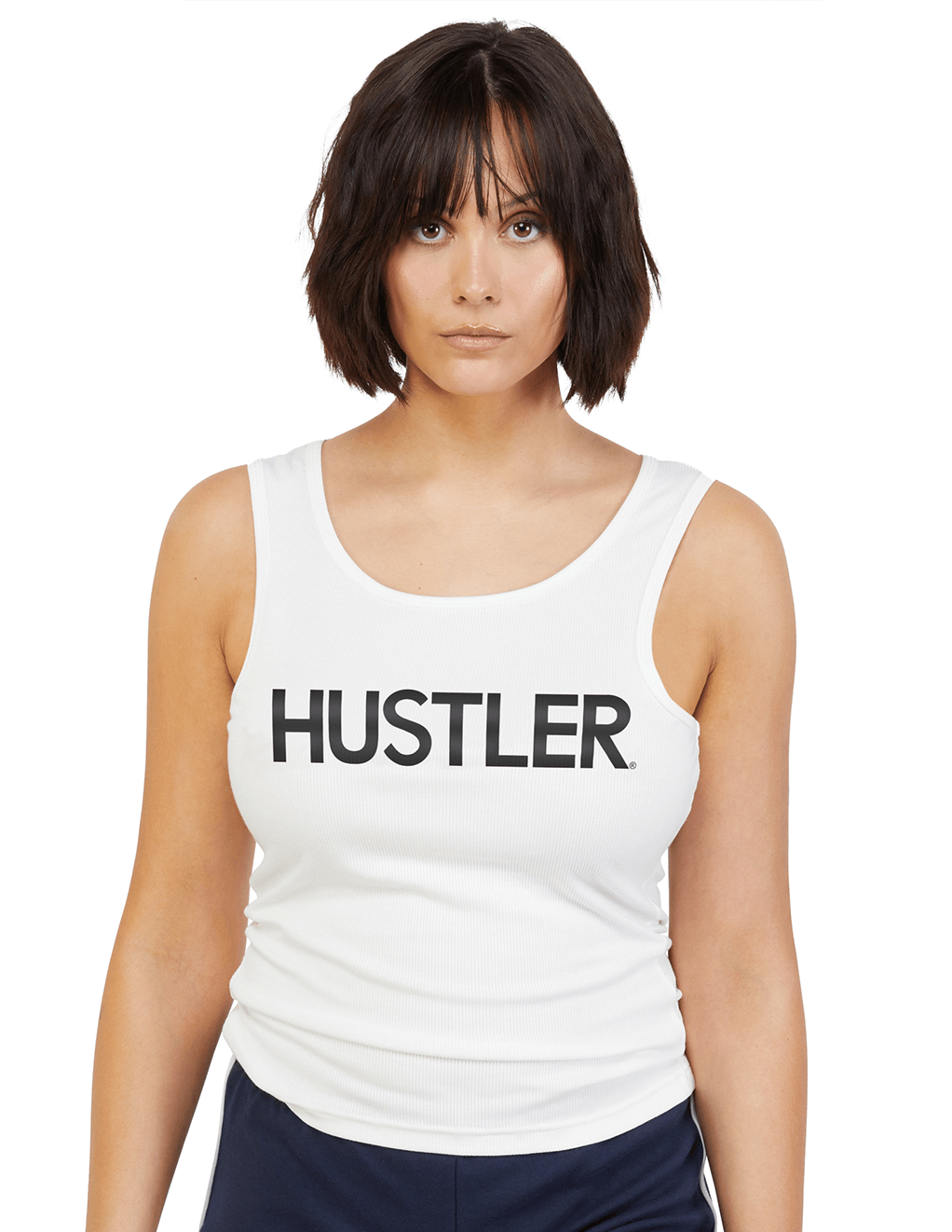 HUSTLER Classic Logo Ribbed Tank Top - White Front