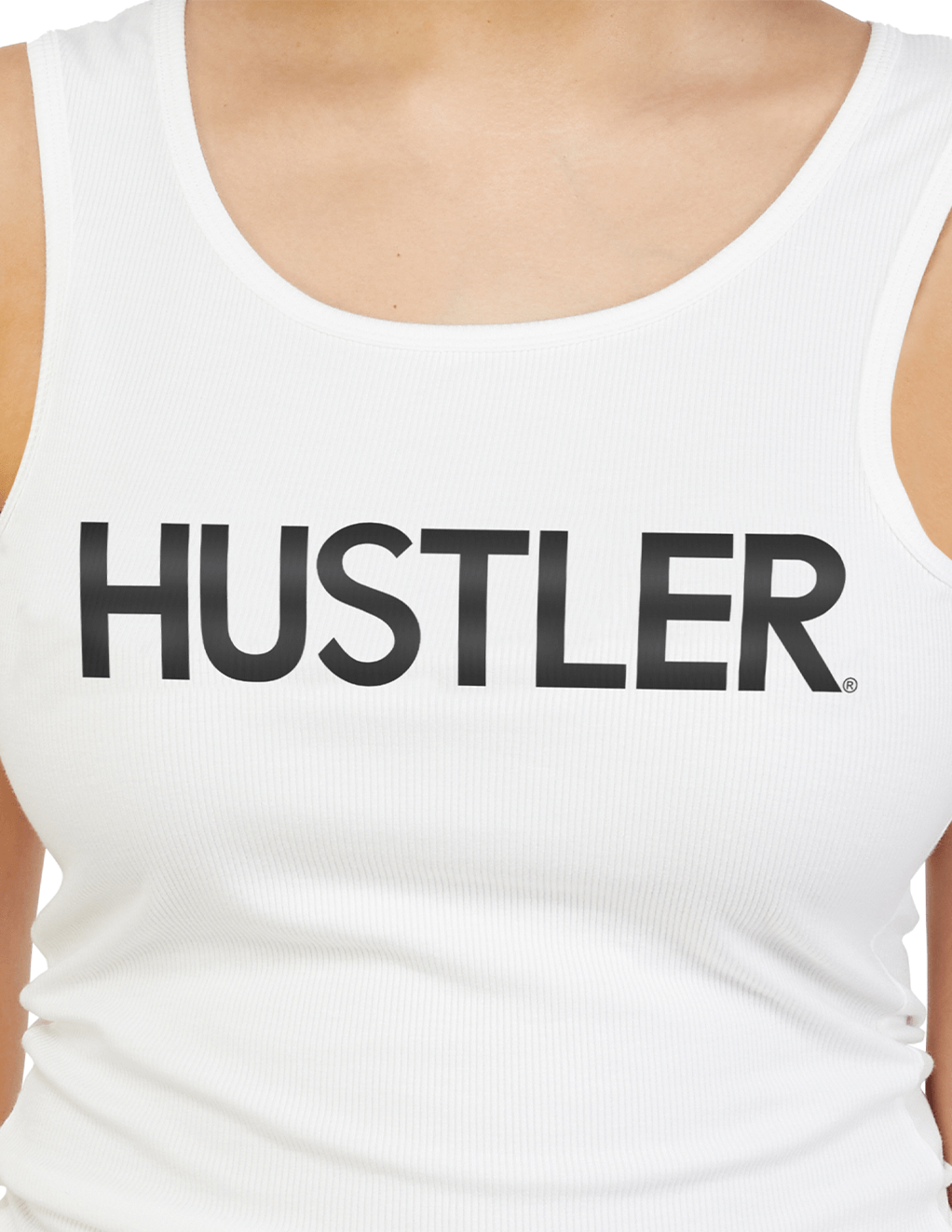 HUSTLER Classic Logo Ribbed Tank Top - White Front Logo