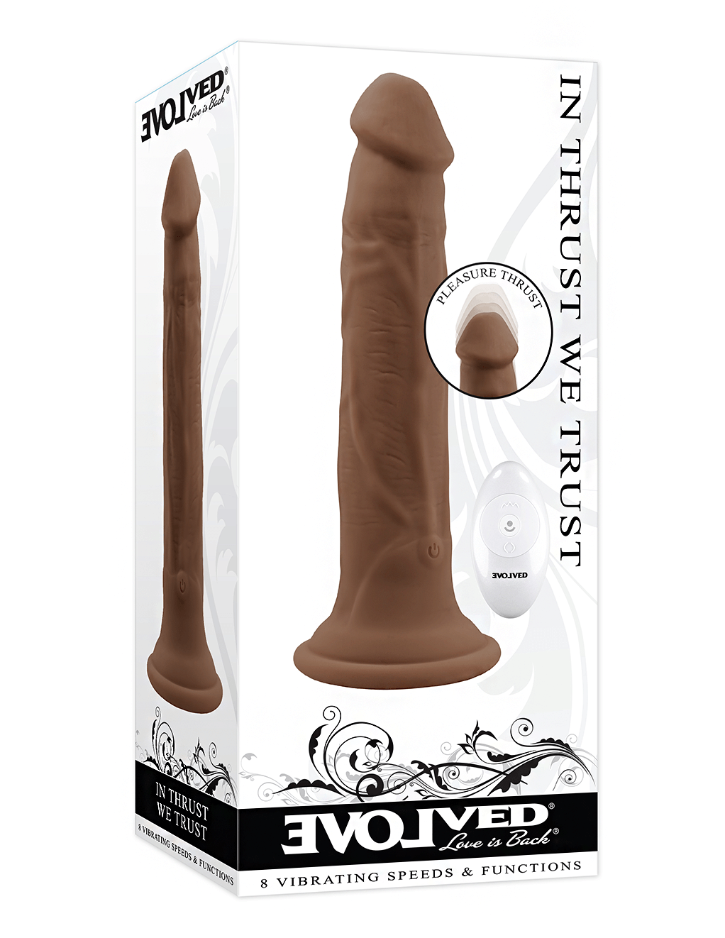 Evolved In Thrust We Trust Thrusting Dildo - Chocolate - Box Front