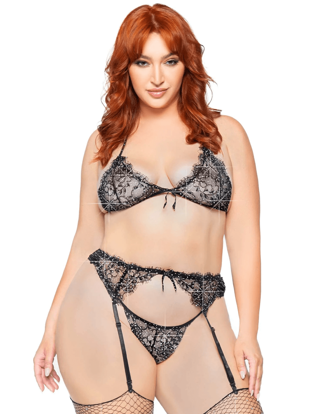 Leg Avenue 3pc. Eyelash Lace Rhinestone Set - Black Front