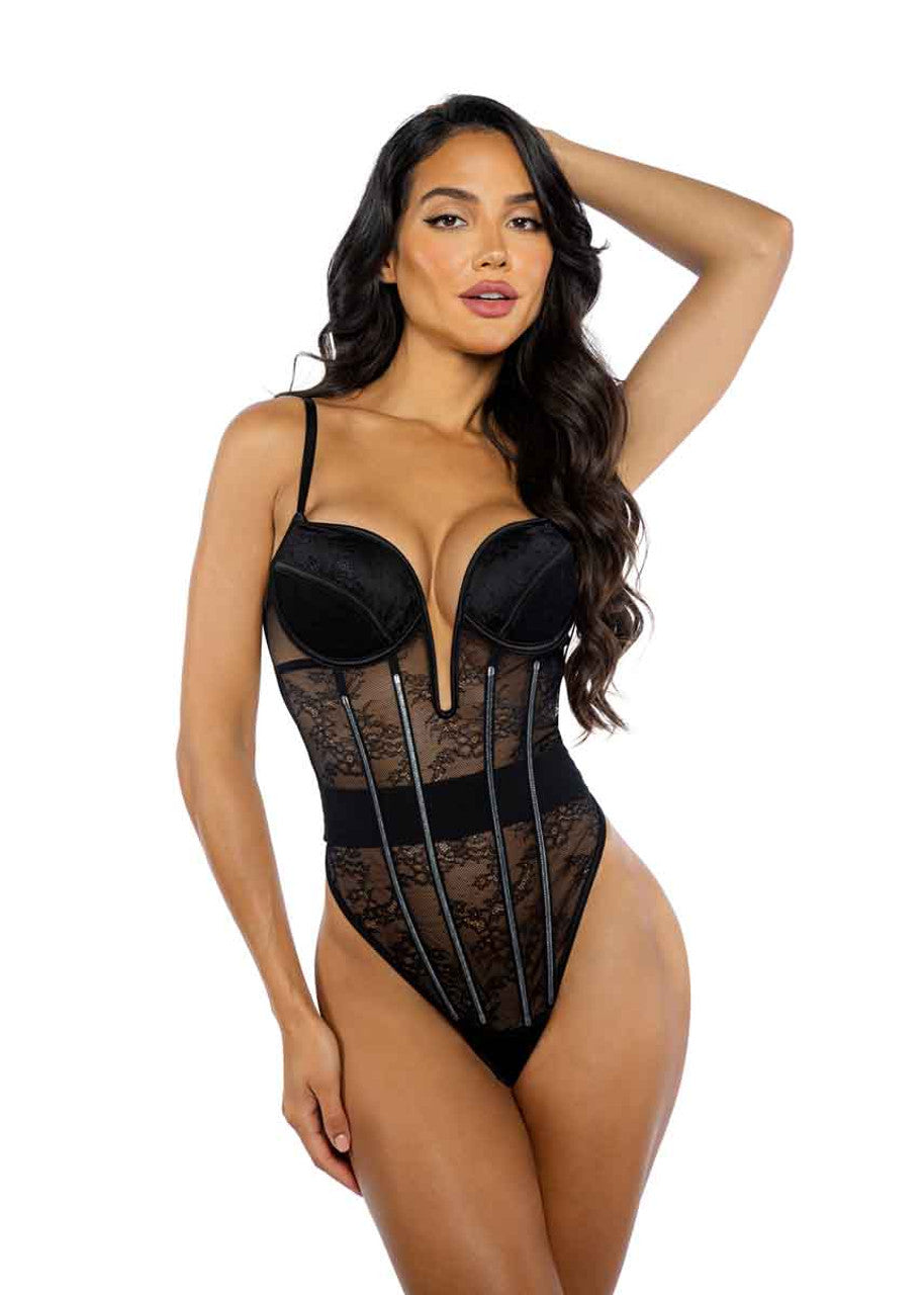 Underwire Lace Plunge Teddy w. Boning