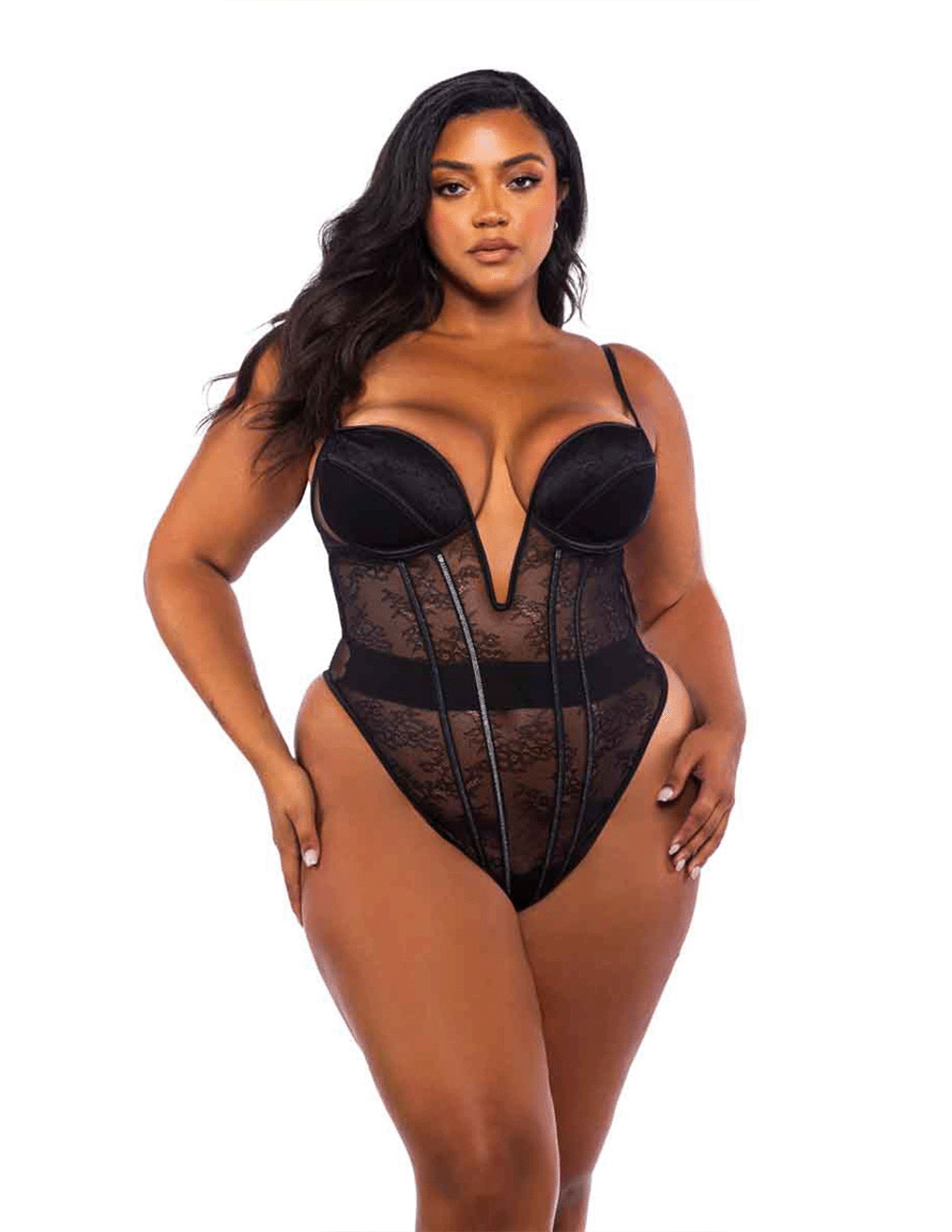 Underwire Lace Plunge Teddy w. Boning