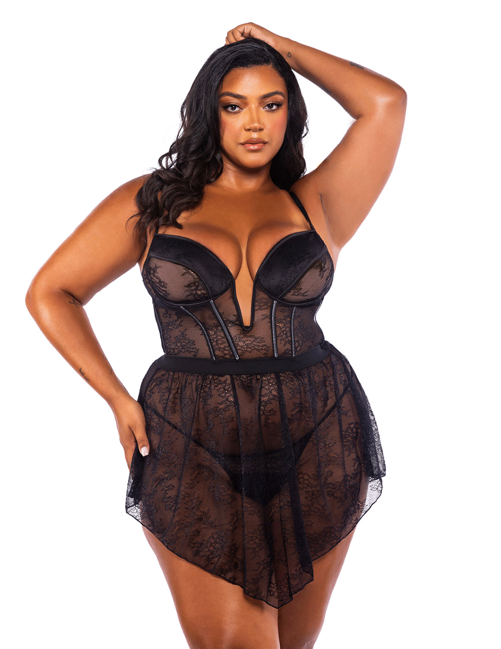 Underwire Lace Plunge Babydoll w. Boning