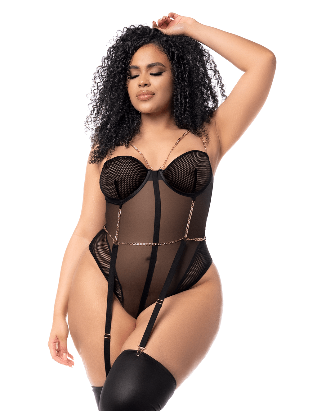 Mapale Mesh & Chain Teddy W/ Wide Garters - Black - Plus Main
