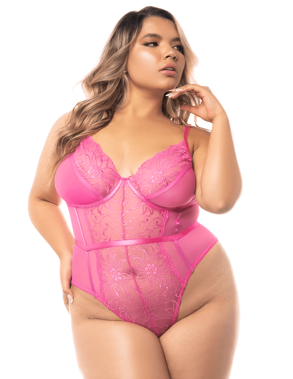 Mapale Open Back Mesh & Lace Teddy - Sunset Pink - Plus Main