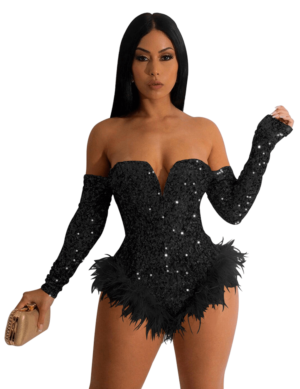 Sequin & Marabou Off The Shoulder Bodysuit - Black - Main