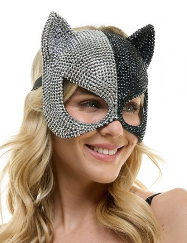 Silver & Black Rhinestone Cat Mask