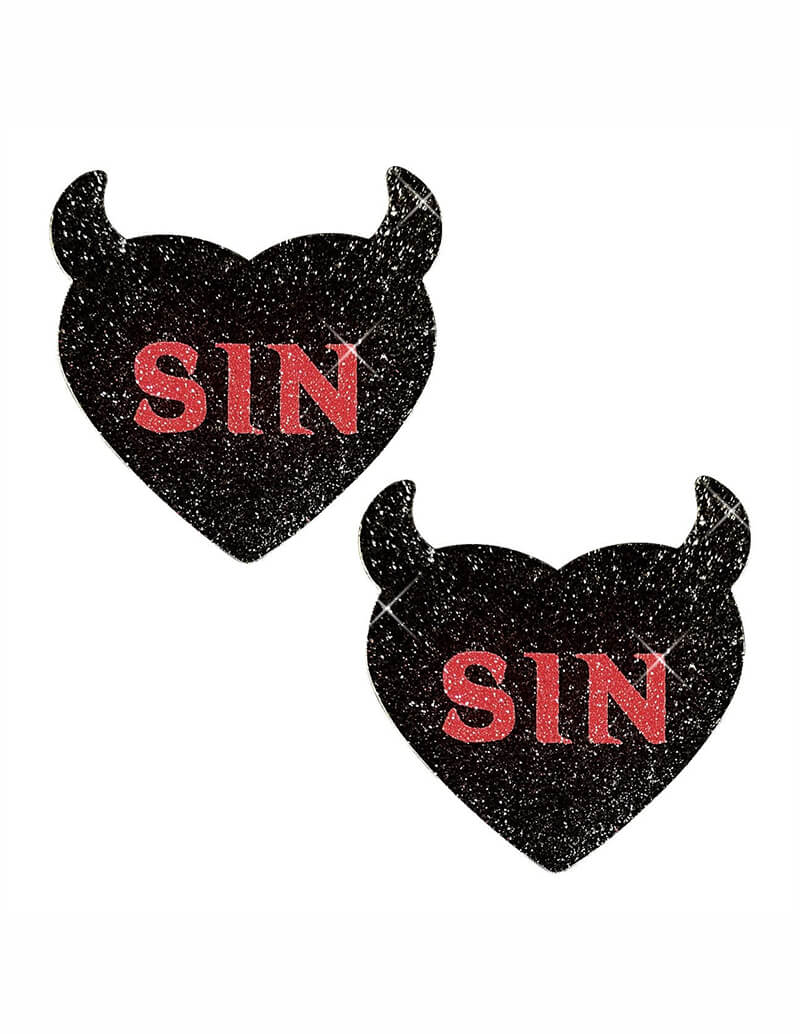 Sin City Black Devil Glitter Heart Nipple Cover Pasties