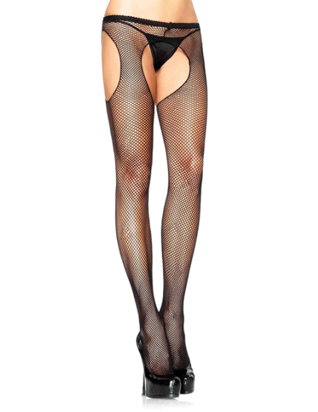 Leg Avenue Crotchless Fishnet Suspender Pantyhose- Black- Front