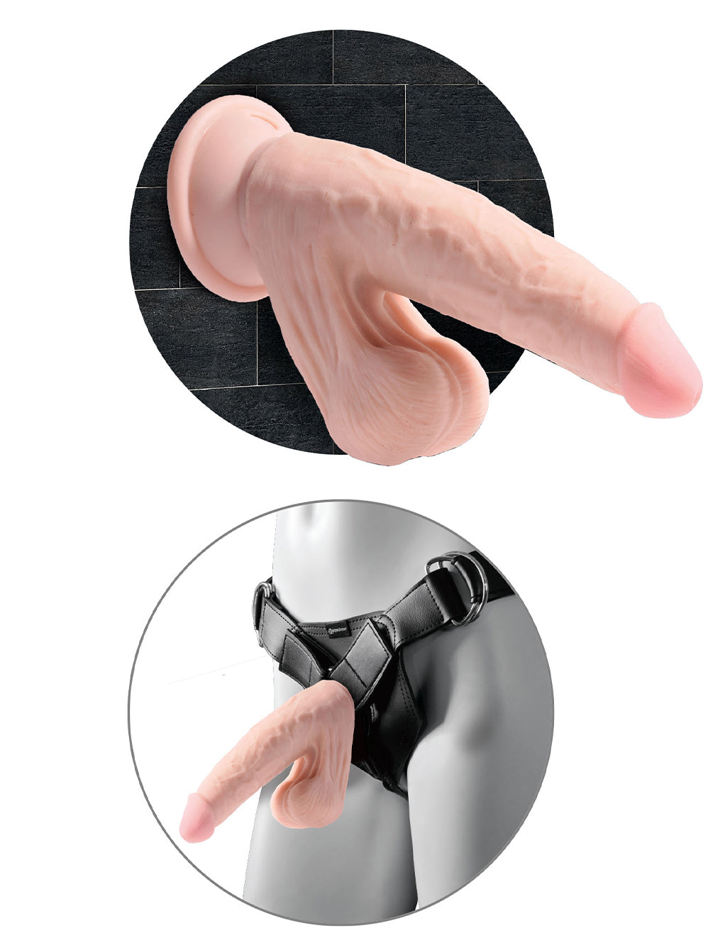 King Cock Plus 7" 3D Cock- Suction Cup and Harness diagram