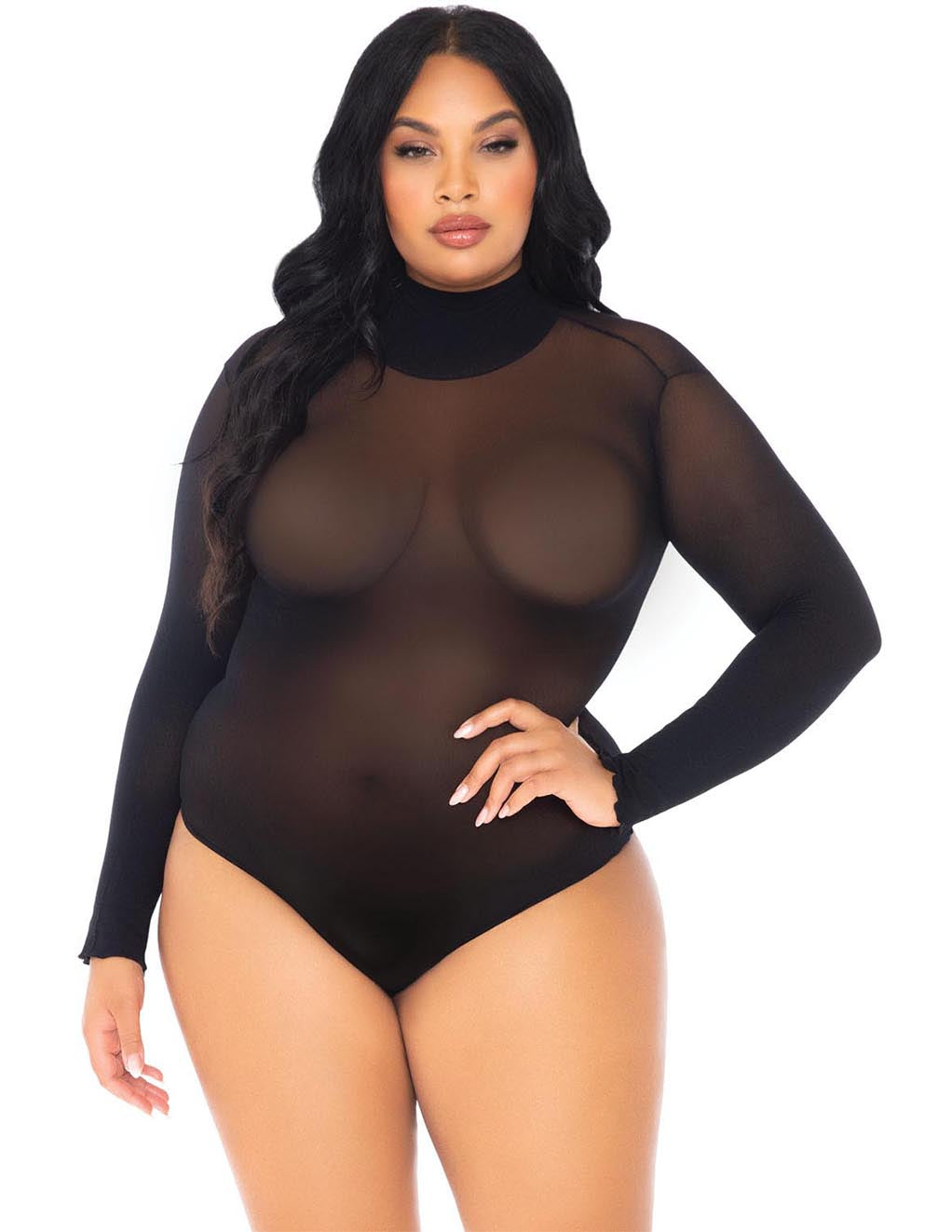 Leg Avenue Opaque High Neck Long Sleeved Bodysuit- Plus- Front