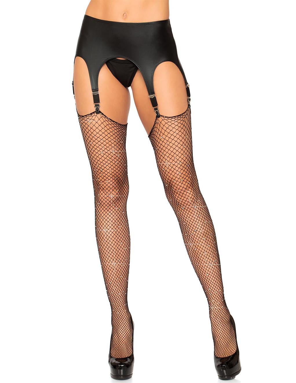 Leg Avenue Rhinestone Raw Top Fishnet Stockings- Black- Front
