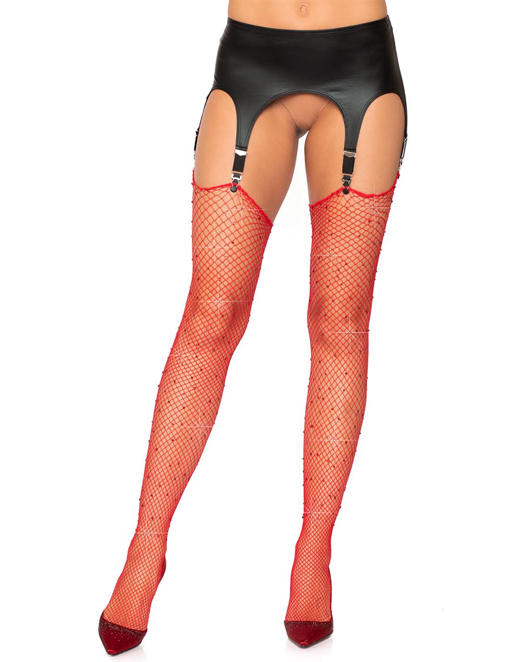 Leg Avenue Rhinestone Raw Top Fishnet Stockings- Red- Front