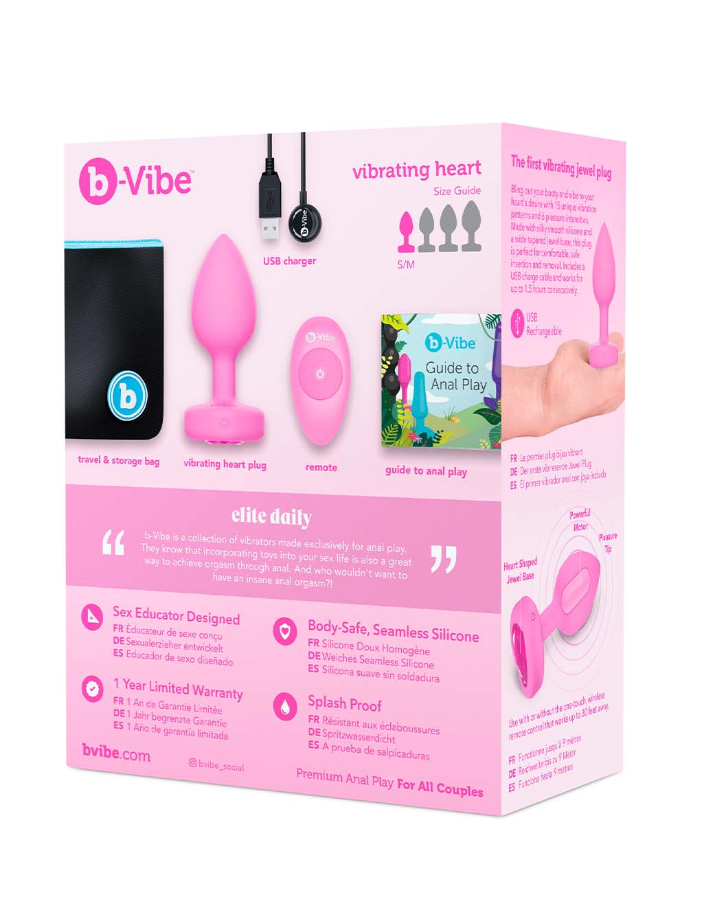 B-Vibe Vibrating Heart Plug S/M Pink Topaz- Box back
