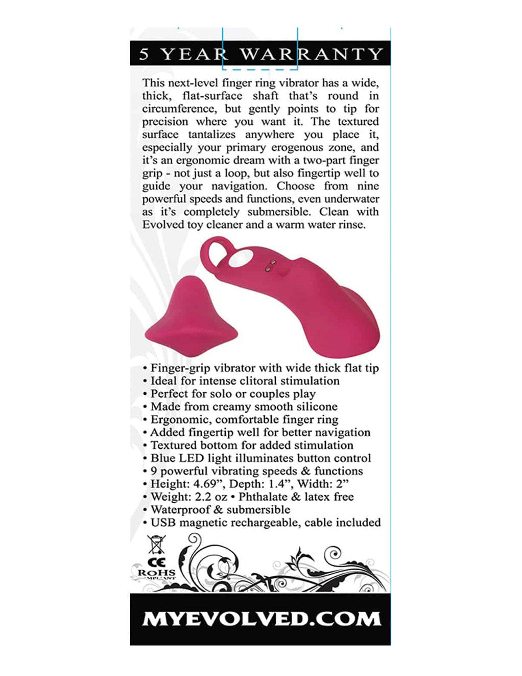 Evolved Frisky Finger Rechargeable Finger Vibrator- Back box