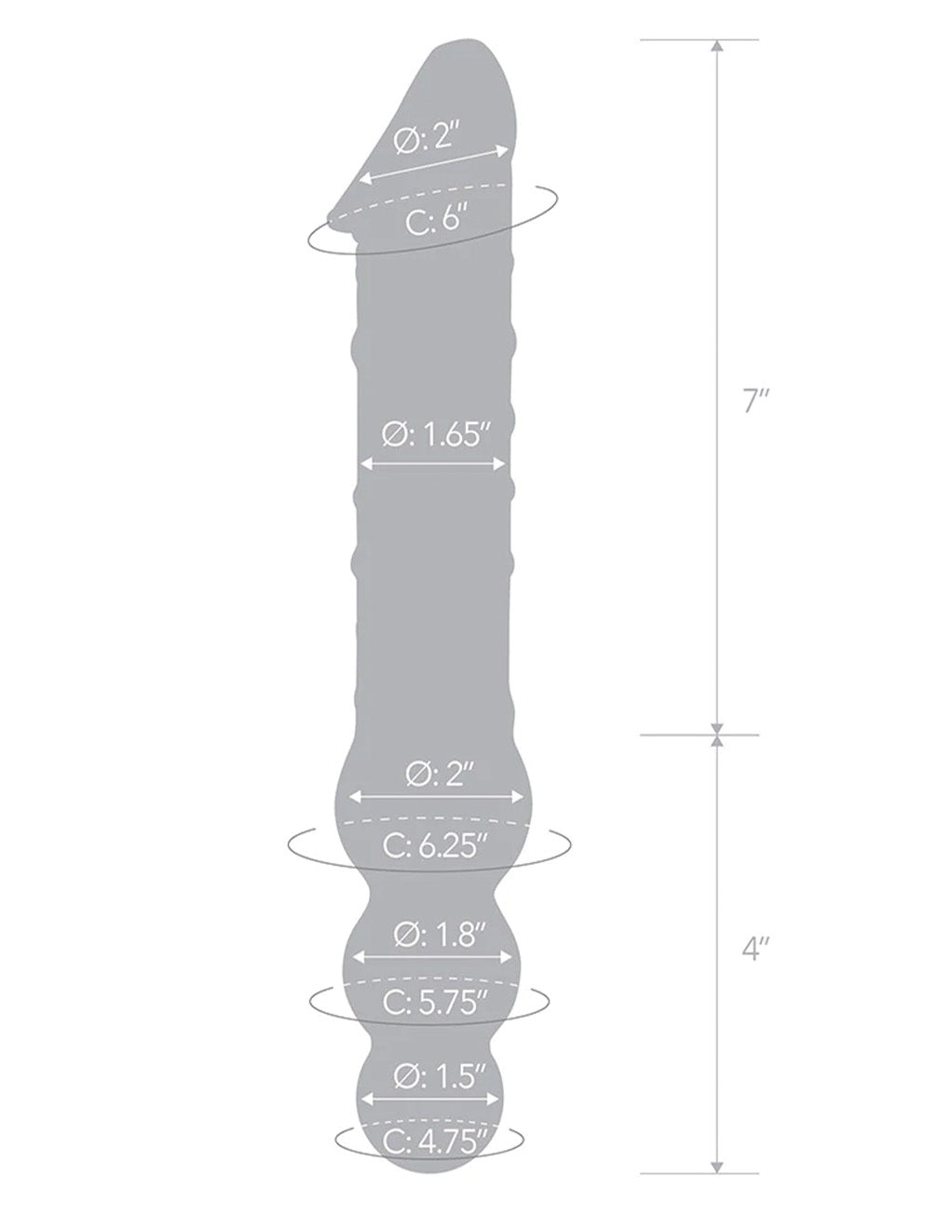 Glas 12" Double Ended Dildo w/ Anal Beads- Size dimensions