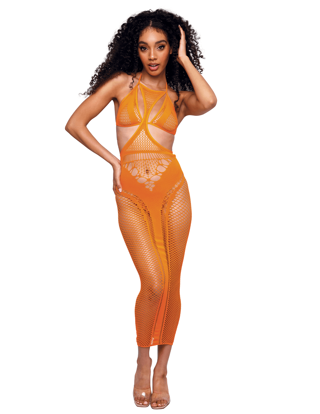 Dreamgirl Multi Net Seamless Gown & Bralette - Orange - Front