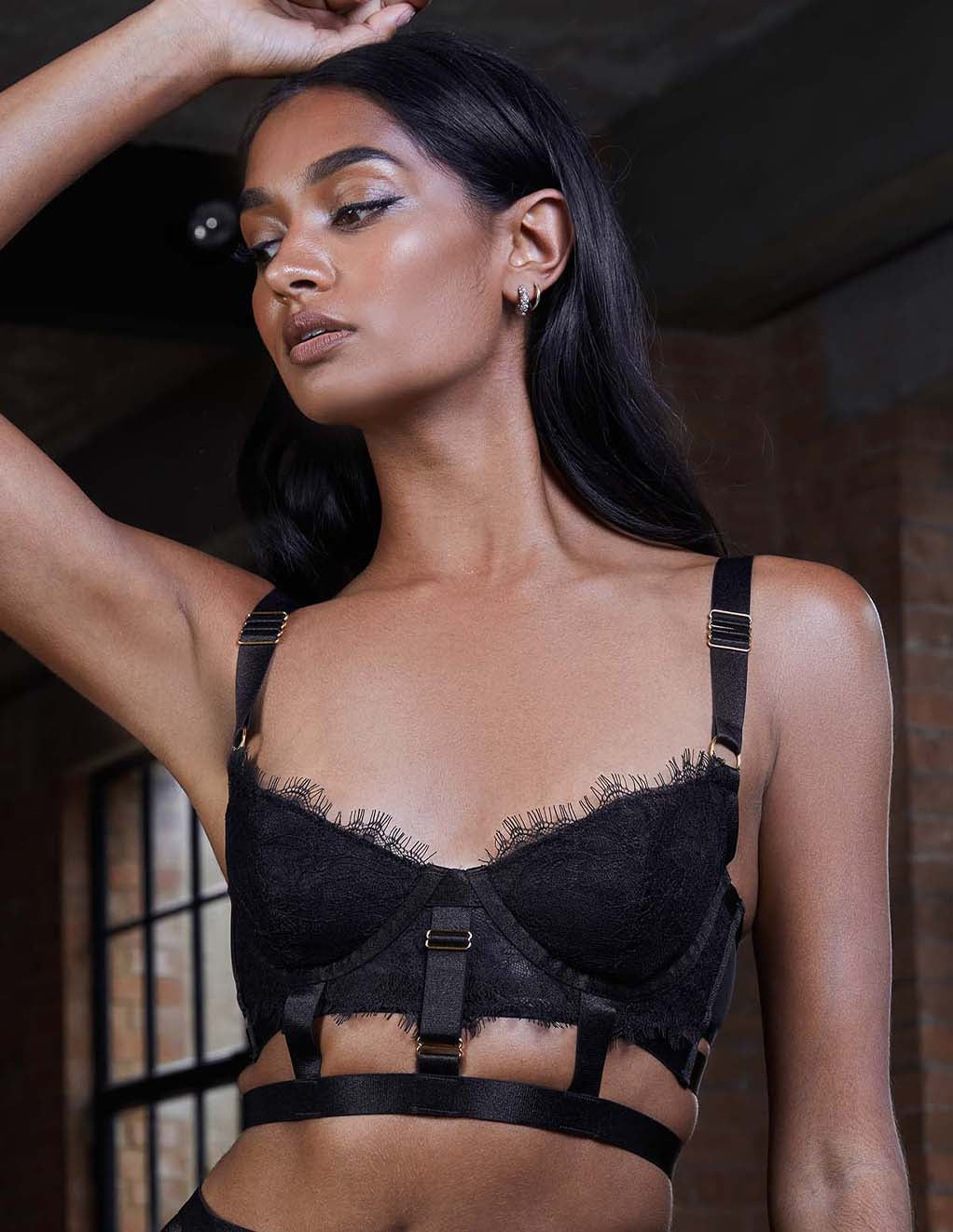 HUSTLER Lace Cage Bra- Black- Front- Close UP- On Model