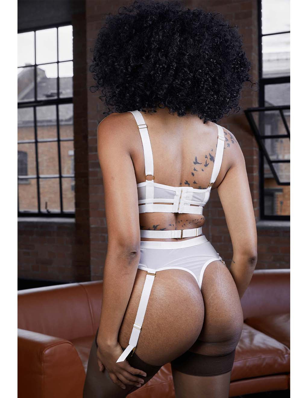 HUSTLER Lace Cage Bra- White- Back- On Model