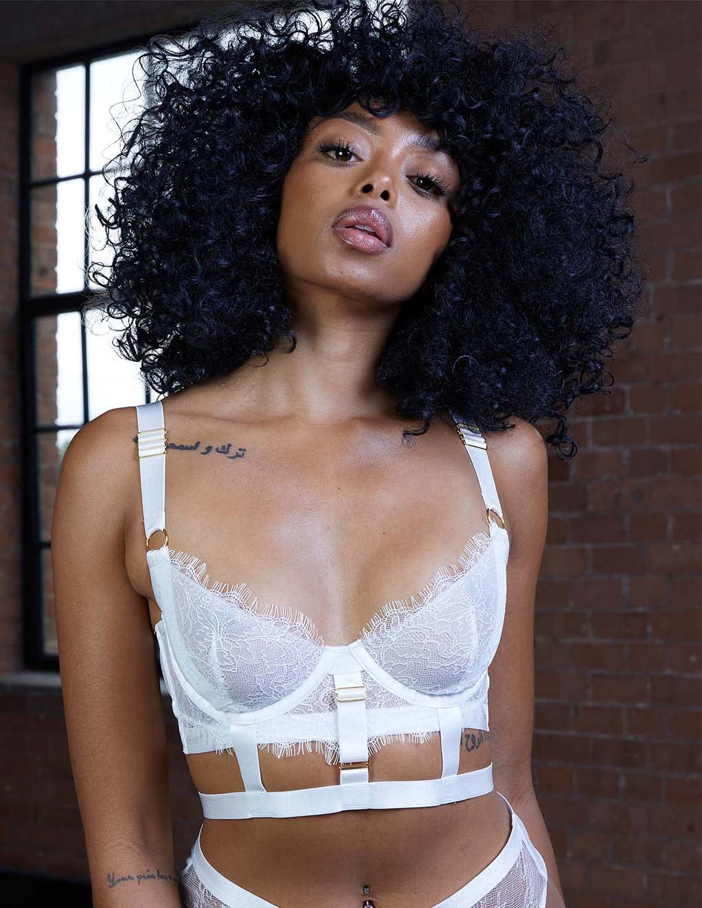 HUSTLER Lace Cage Bra- White- Front- On Model