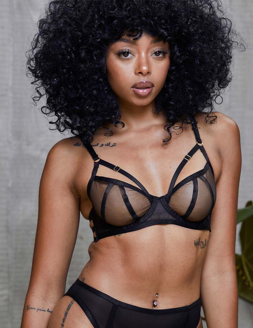 HUSTLER Strappy Mesh Bra- Black- Front- On Model