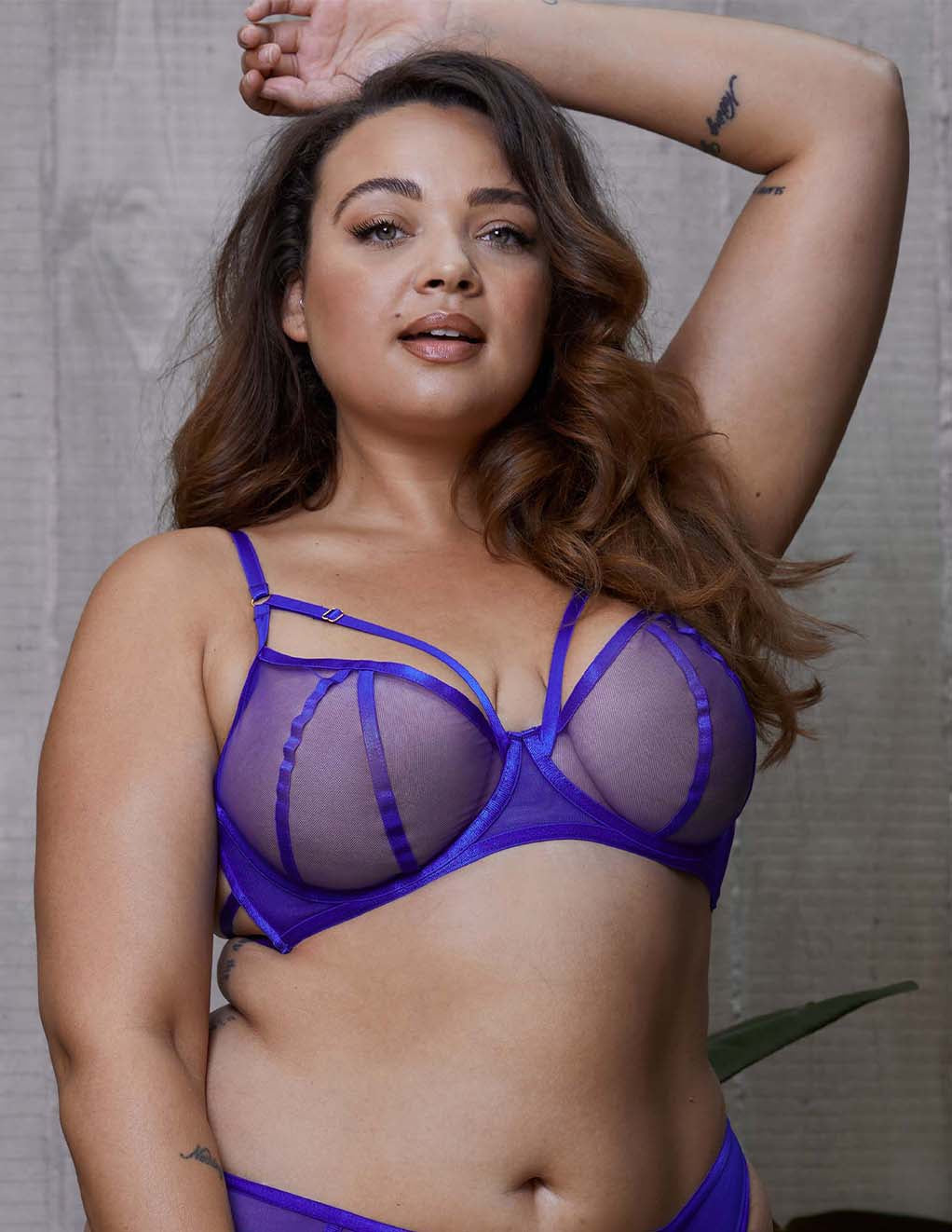 HUSTLER Strappy Mesh Bra- Blue- Front- On Model