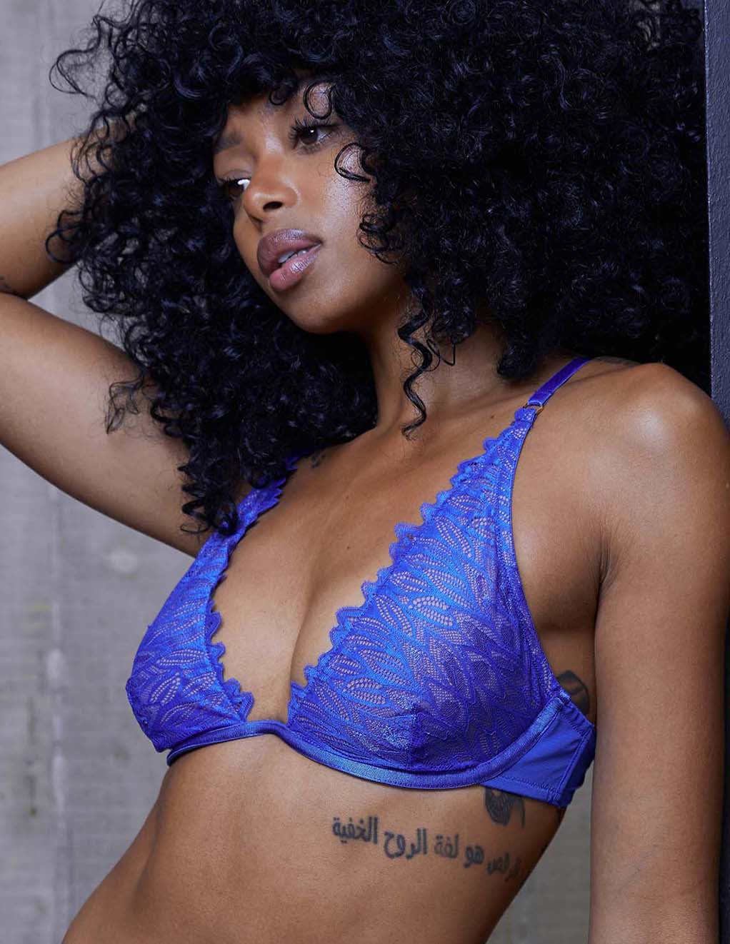 HUSTLER High Apex Bra-Blue- Front- Close Up On model