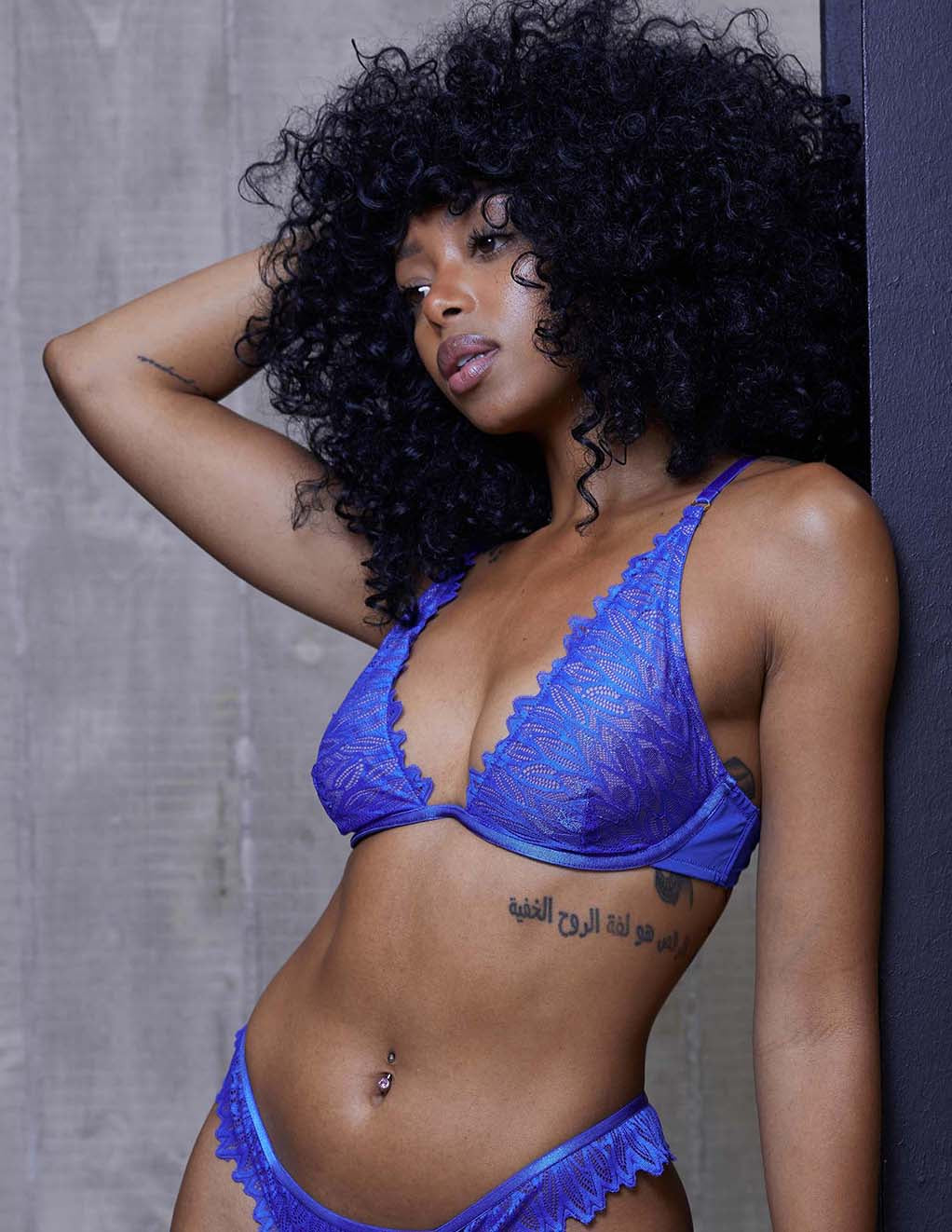 HUSTLER High Apex Bra- Blue- Front On Model