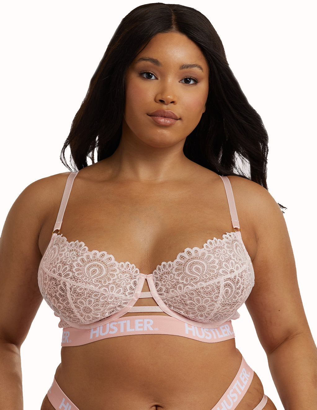HUSTLER® Logo Lace Bra Baby Pink- Plus- Front