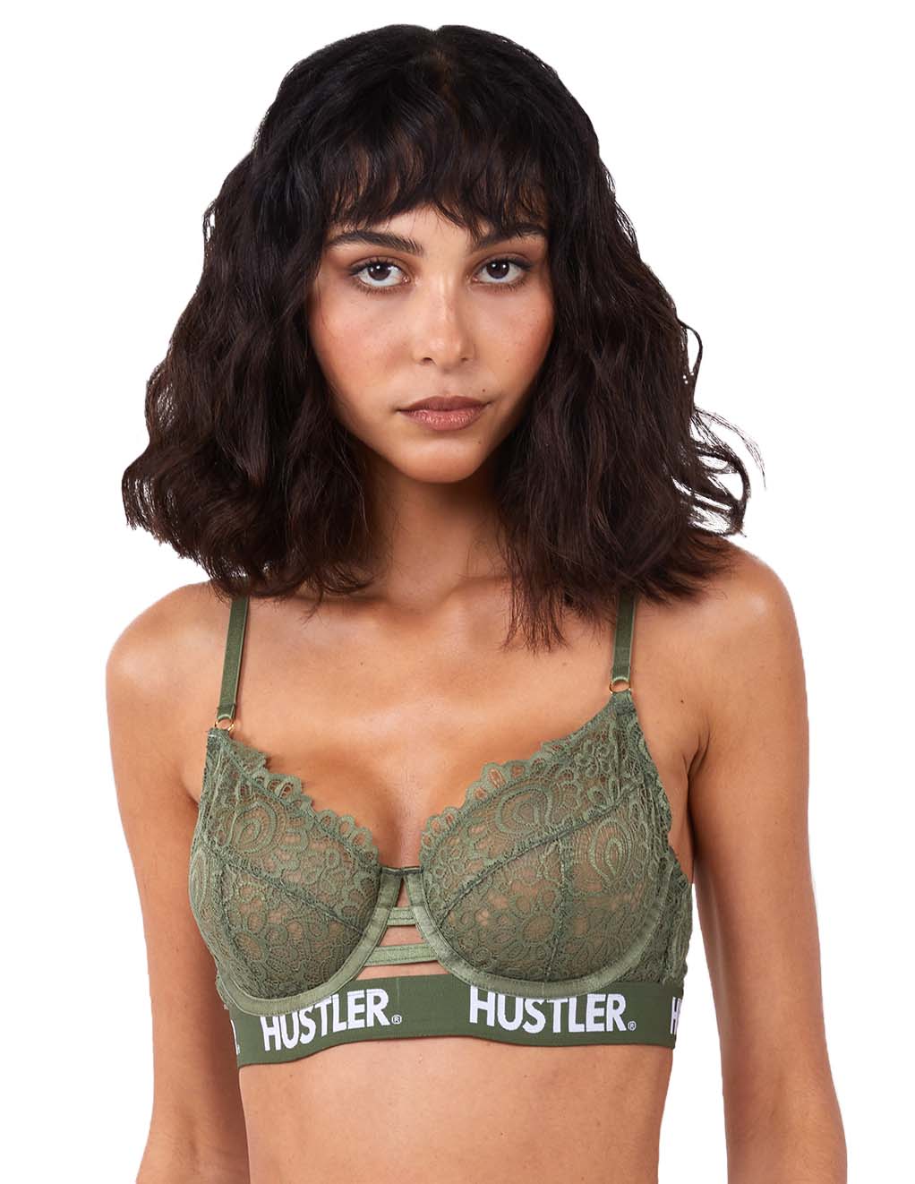 HUSTLER® Logo Lace Bra Olive- Front