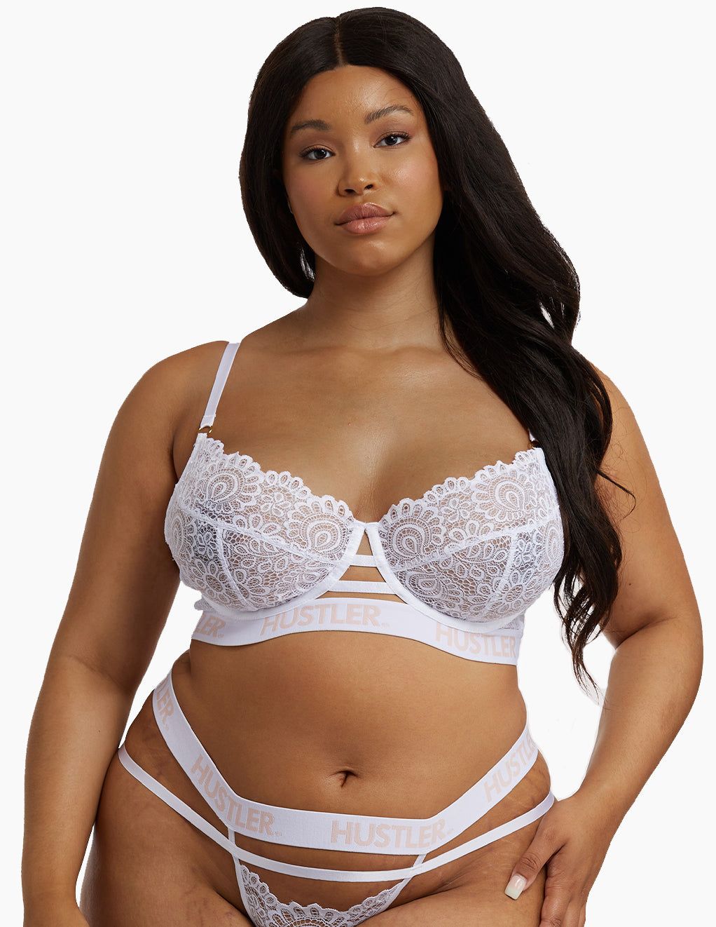 HUSTLER® Logo Lace Bra White- Plus- Front