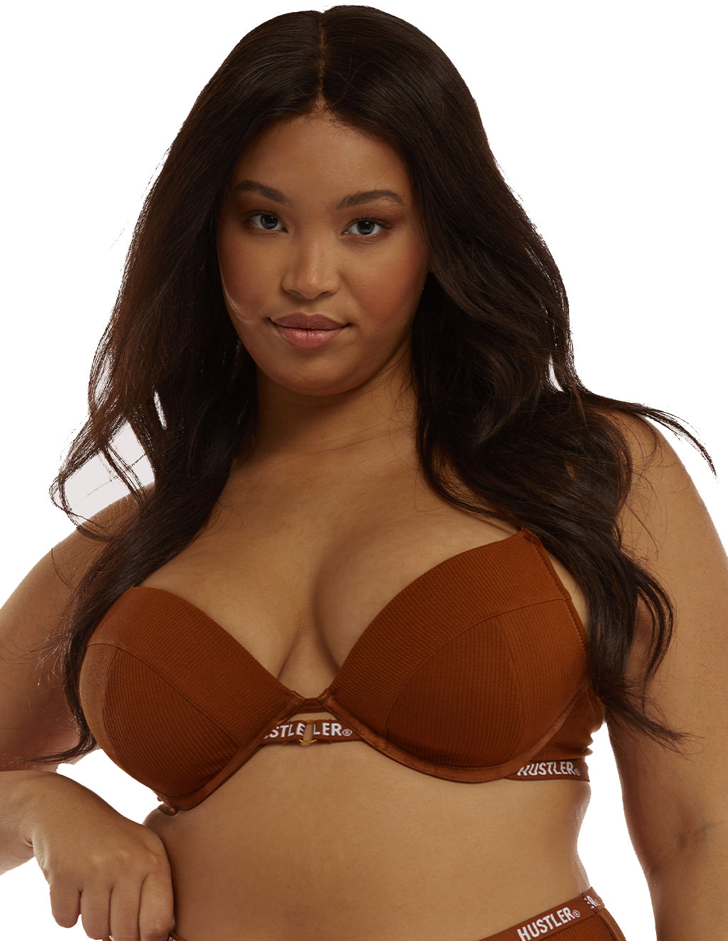 HUSTLER® Logo Ribbed Bra Chocolate- Curve- Front
