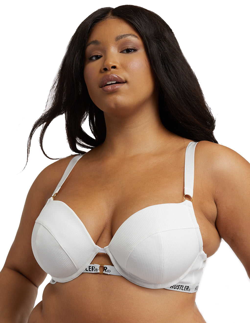 HUSTLER® Logo Ribbed Bra Ivory- Curve- Front