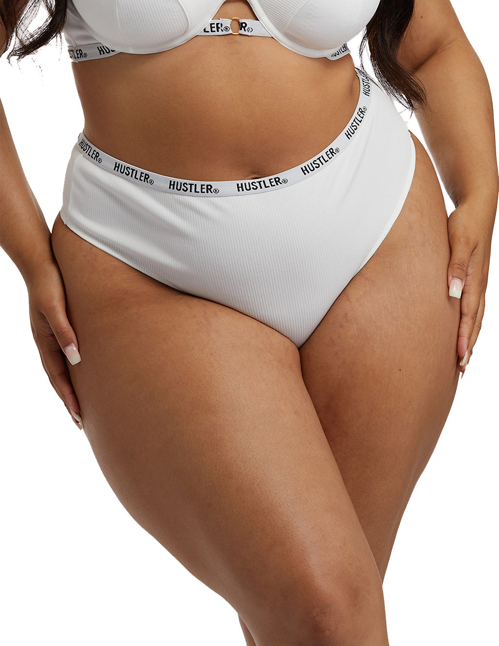 HUSTLER® Logo Ribbed High Waist Thong Ivory- Curve- Front